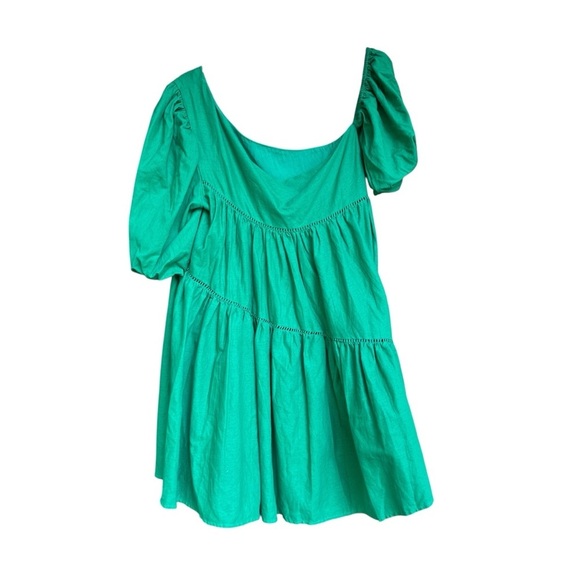NWT Showpo Harlem Asymmetrical Puff Sleeve Mini Dress Cotton Linen Green US 8 - Picture 4 of 8